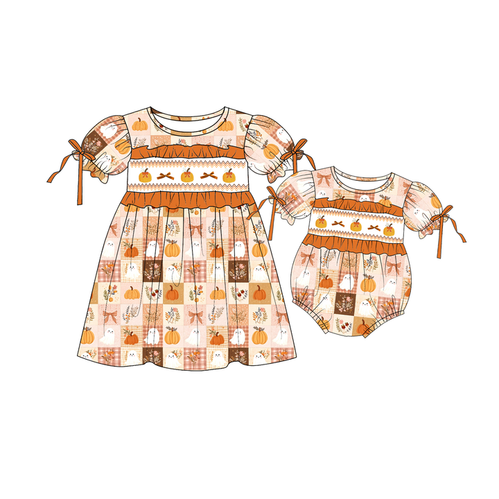 Personalized Halloween cute pumpkin embroidery dress holiday sisters outfits