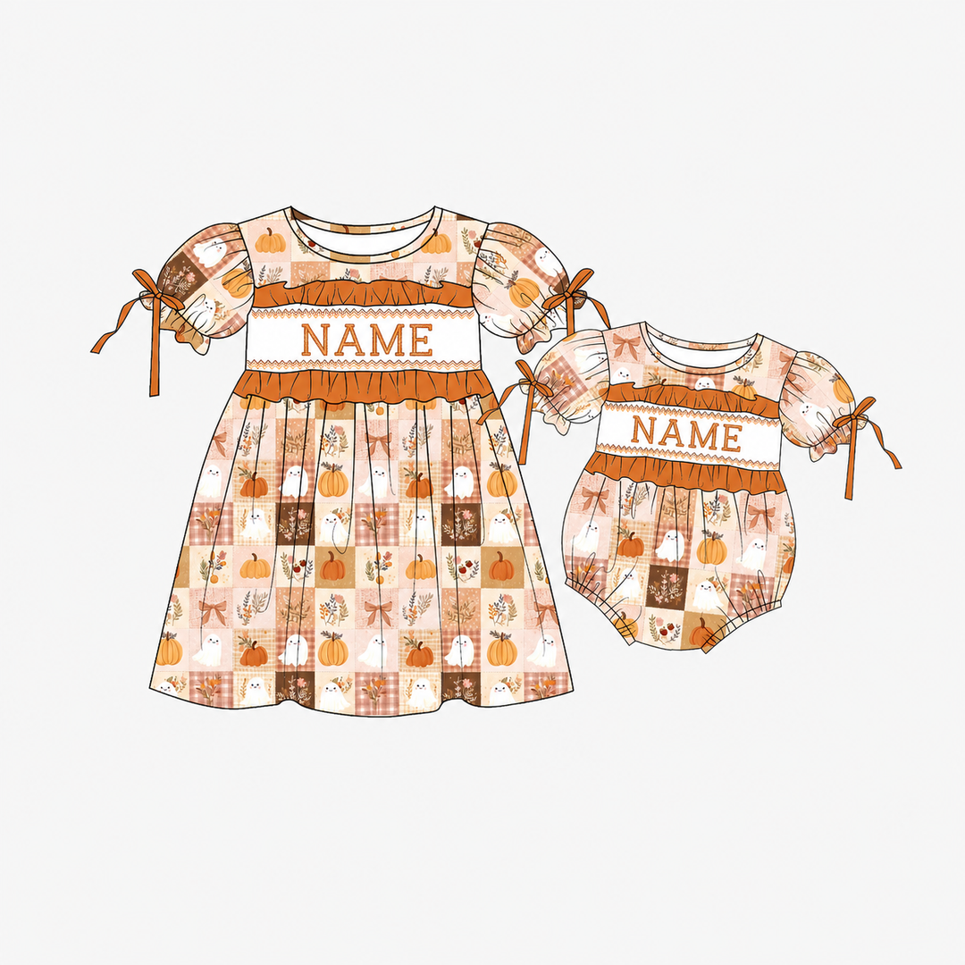 Personalized Halloween cute pumpkin embroidery dress holiday sisters outfits