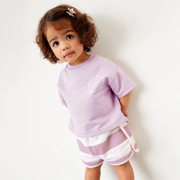 Girl's "Sunshine Makes Me Smile" Letter Print Tee with Shorts Set
