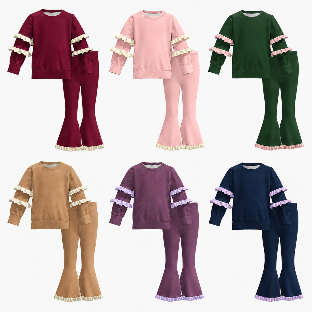 Girls Ruffle Long Sleeve Top & Flare Pants Set