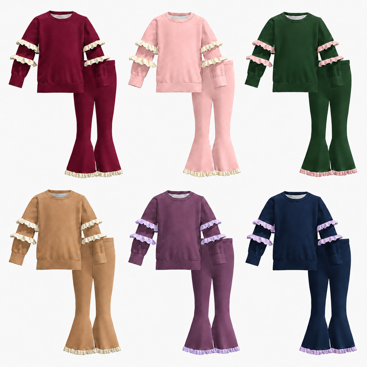 Girls Ruffle Long Sleeve Top & Flare Pants Set