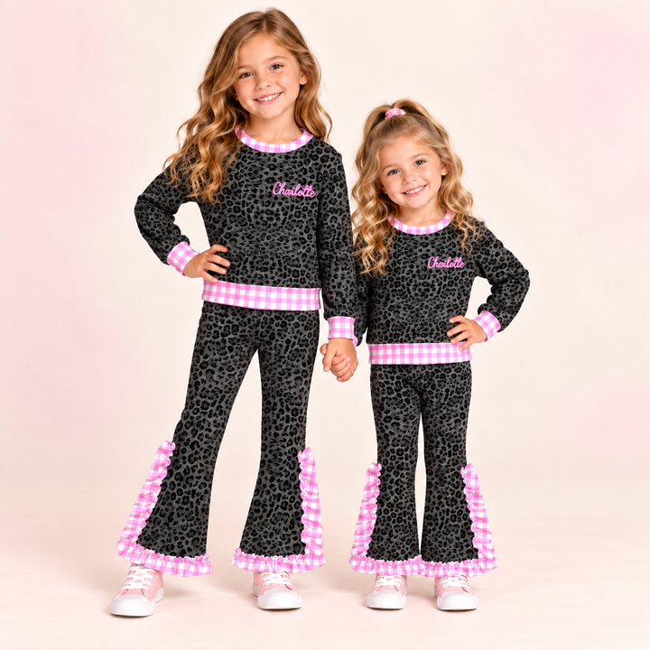 Personalized Girls Camo &amp; Leopard Print Ruffle Flare Pants Set