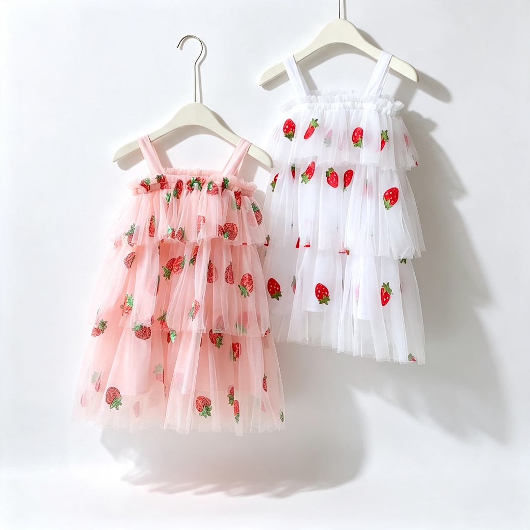 Girls Strawberry embroidery layered mesh tutu dress
