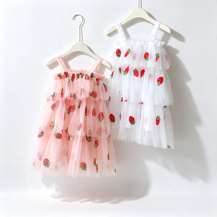 Girls Strawberry embroidery layered mesh tutu dress