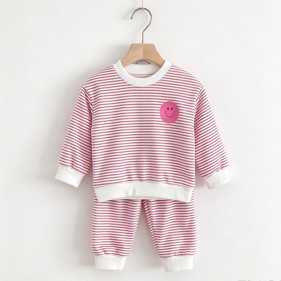 Girls Smiley Face Sweatshirt &amp; Pants Set Stripe Outfit