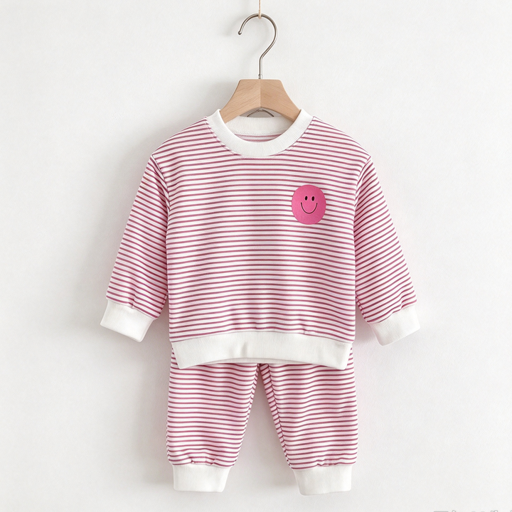 Girls Smiley Face Sweatshirt &amp; Pants Set Stripe Outfit