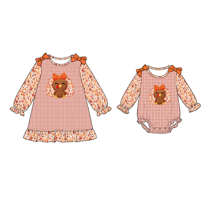 Thanksgiving Cute turkey embroidered ruffle dress Matching outfits for sisters