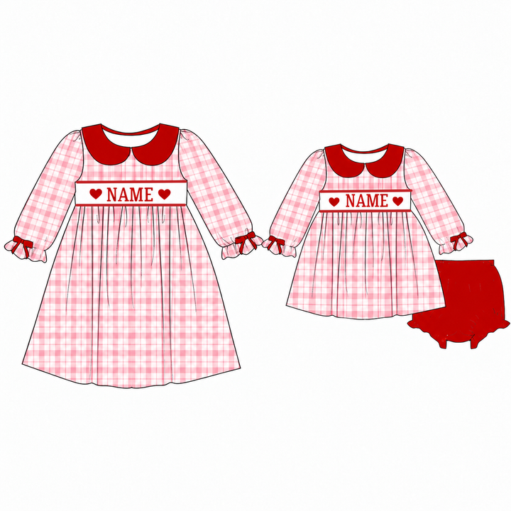 Personalized Baby Girl Valentine Pink Gingham Bow Dress &amp; Bloomer Set
