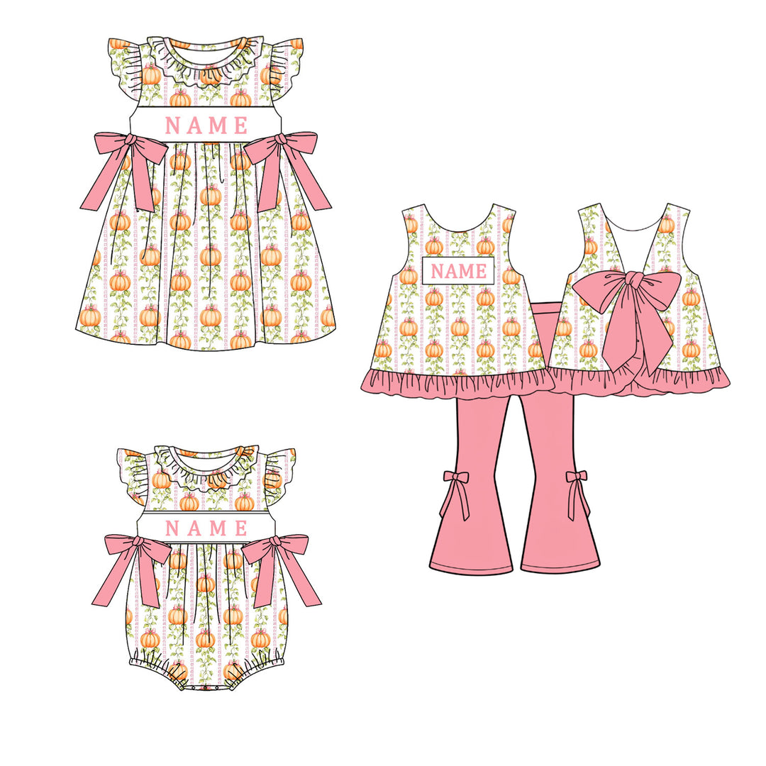 Custom Embroidered Name-Pink Pumpkin Bow Dress Romper Series
