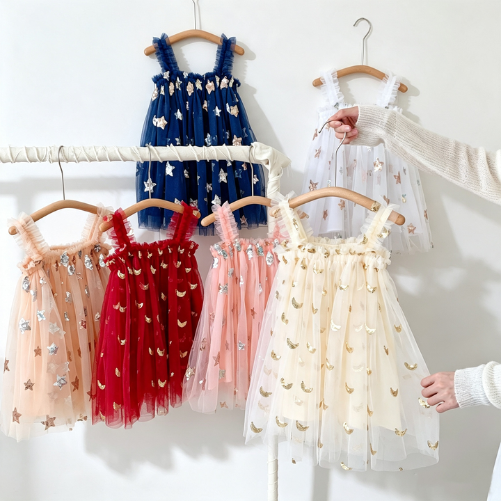 Girls Sequin star&moon embroidery mesh tutu dress