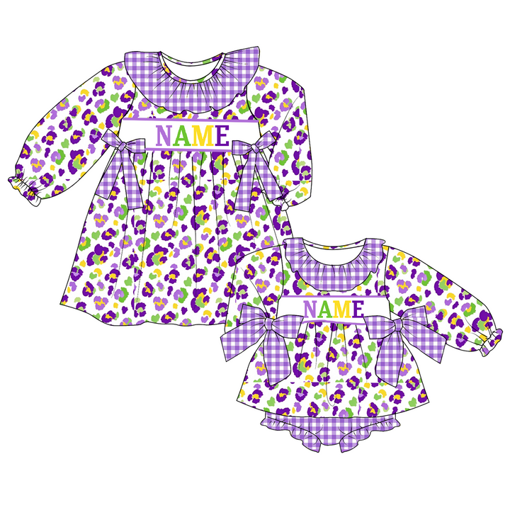 Personalized Baby Girl Mardi Gras Leopard Print Bow Dress &amp; Bloomer Set