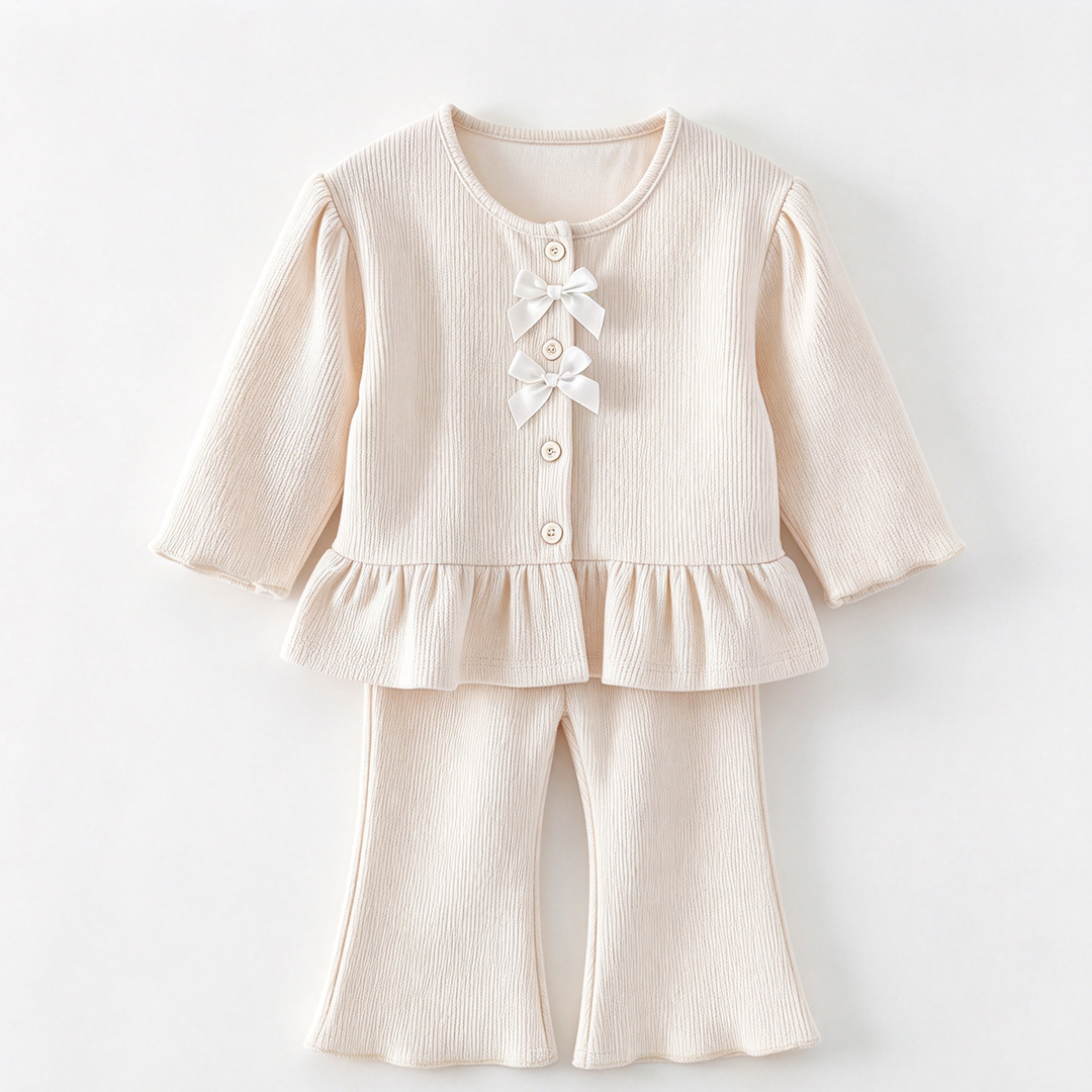 Girls Ribbed Knit Bow Long Sleeve Top &amp; Flared Pants Set