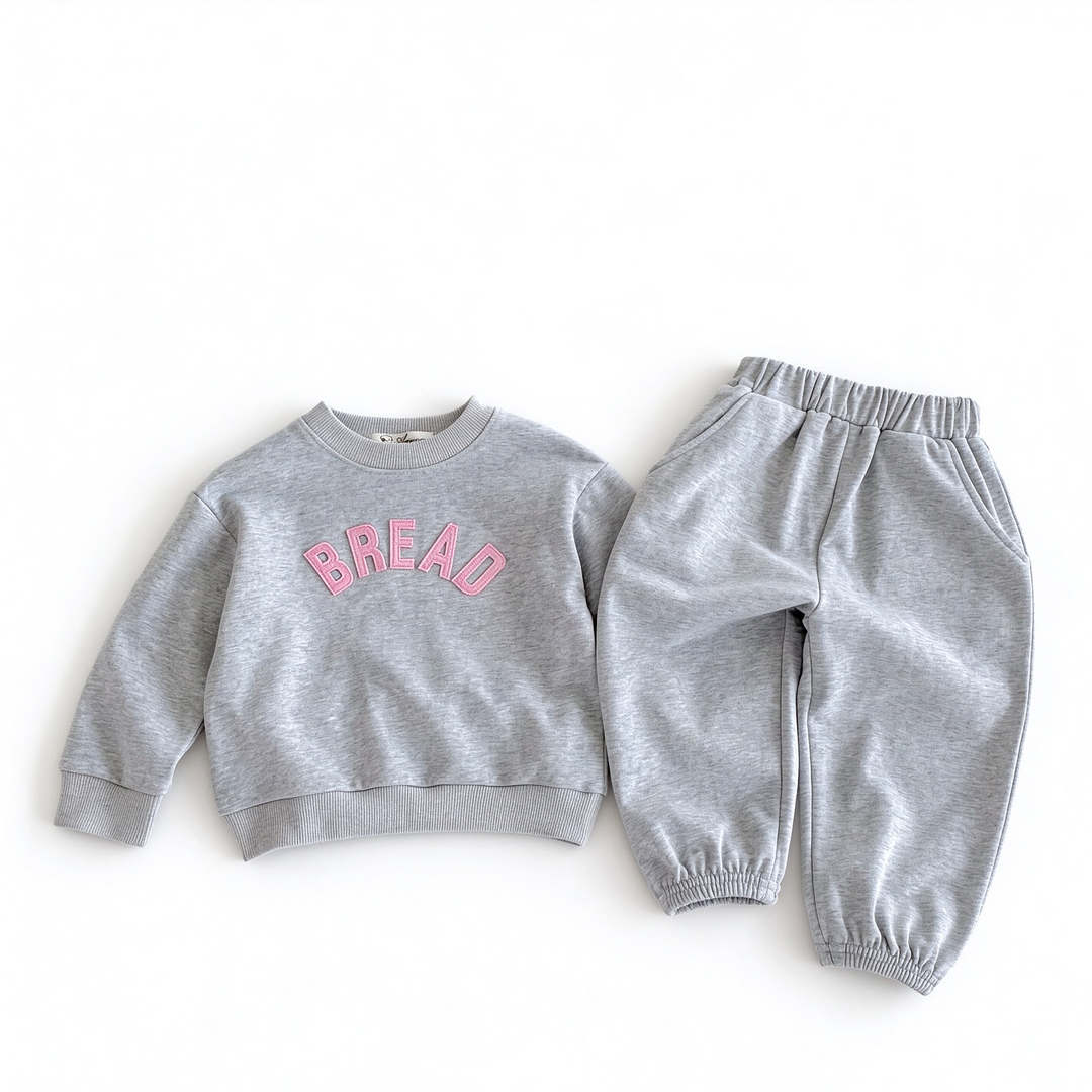Girls "BREAD" Embroidered Patch Sweatshirt and Sweatpants 2-Piece Set