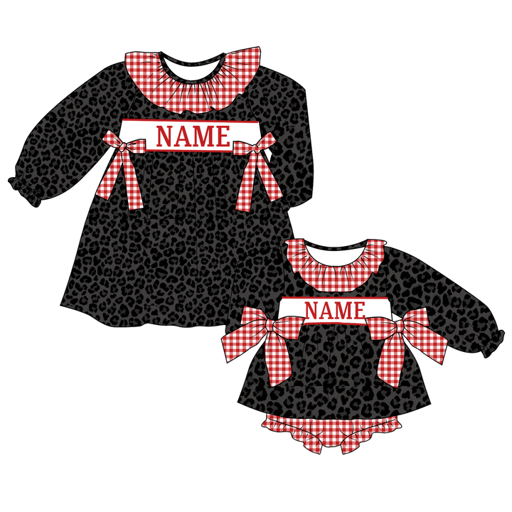 Personalized Black Leopard Red Gingham Baby Dress &amp; Romper
