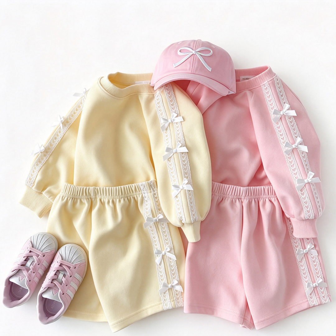 Girls Lace Bow Cotton Sweatshirt and Short Set
