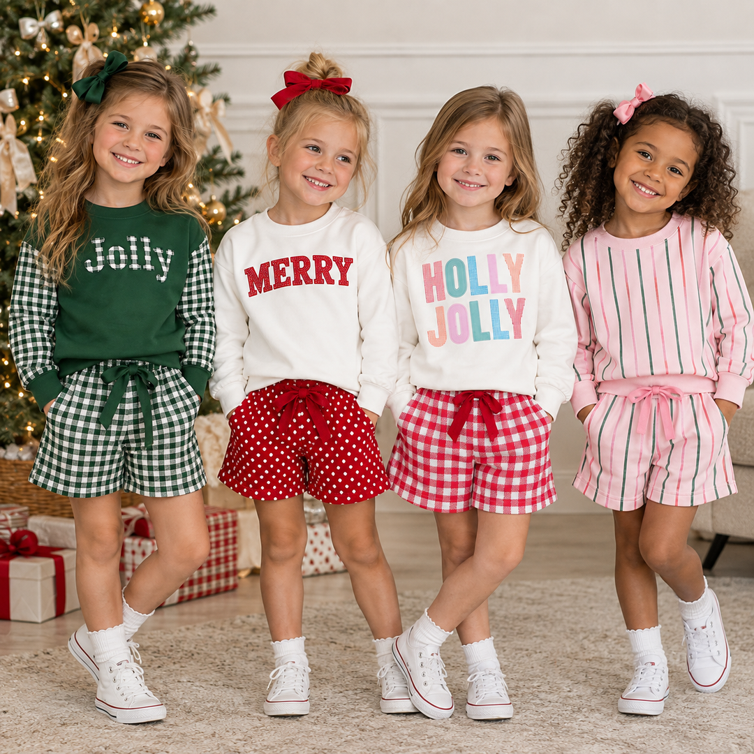 Girls Christmas Sweatshirt Top & Bowtie Shorts 2PCS Holiday Set