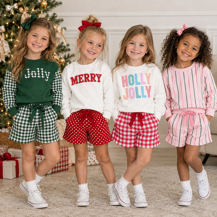 Girls Christmas Sweatshirt Top & Bowtie Shorts 2PCS Holiday Set