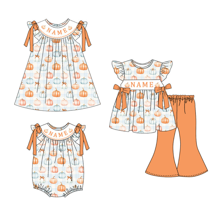 Custom Embroidered Name-Pastel Pumpkin Bow Dress Romper