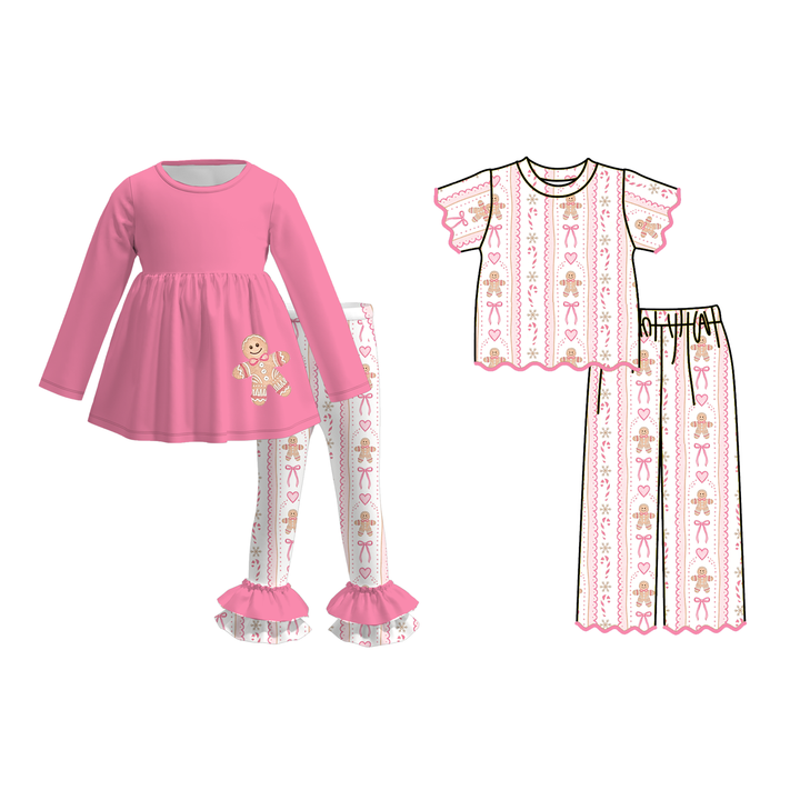 Girls Christmas Gingerbread Pink Top&Pant 2Pcs Set Sisters Matching Outfits