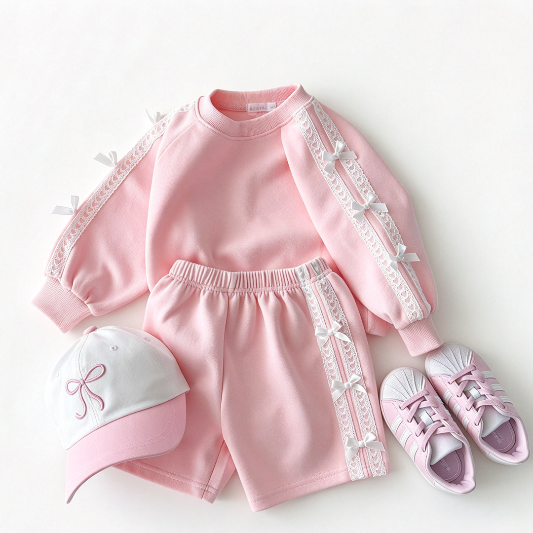 Girls Lace Bow Cotton Sweatshirt and Short Set
