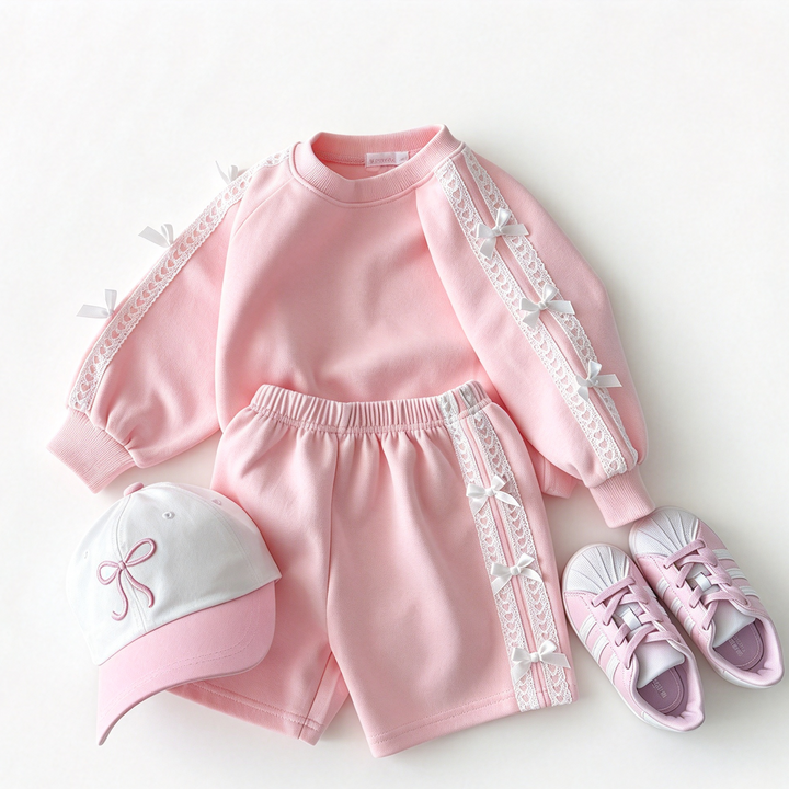 Girls Lace Bow Cotton Sweatshirt and Short Set