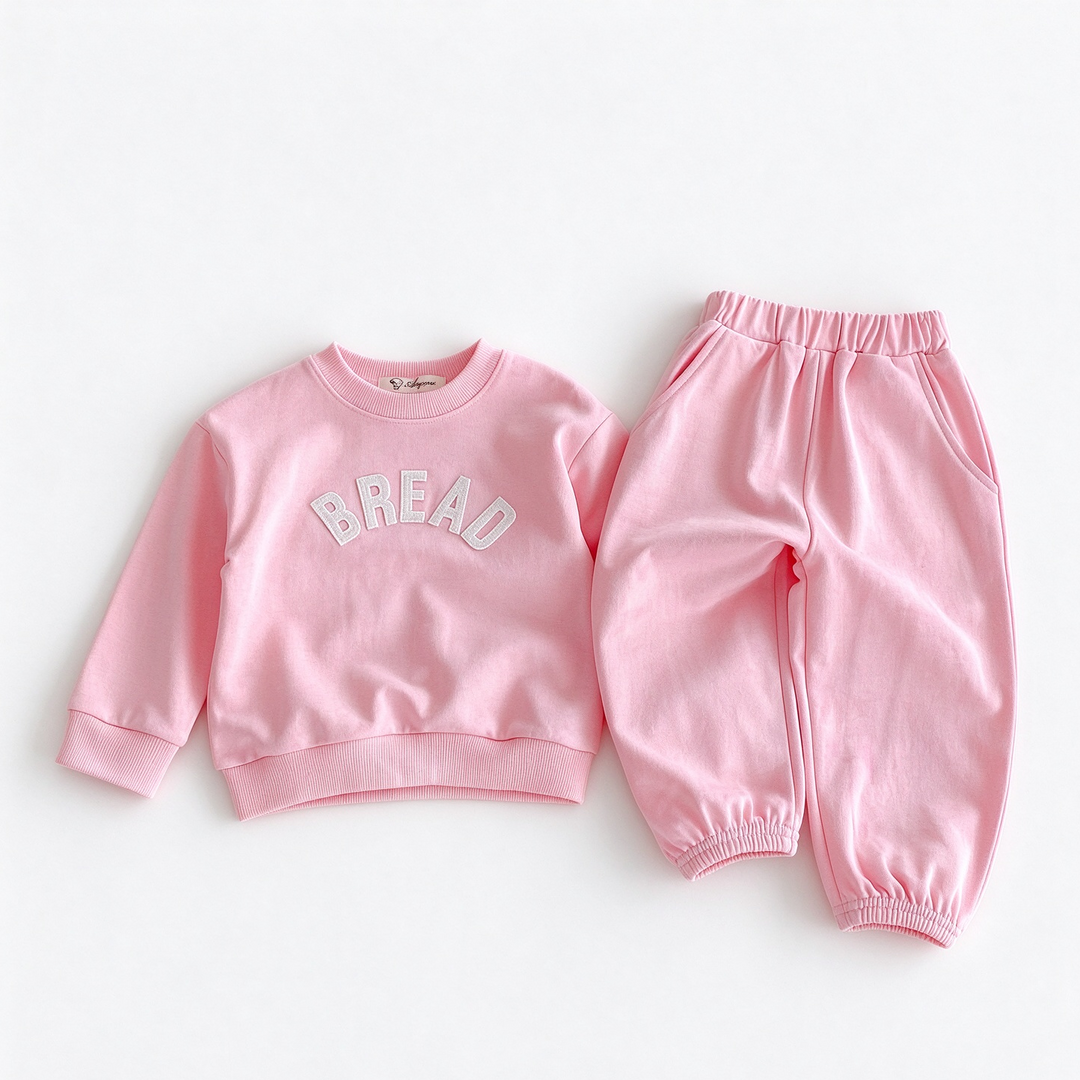 Girls "BREAD" Embroidered Patch Sweatshirt and Sweatpants 2-Piece Set