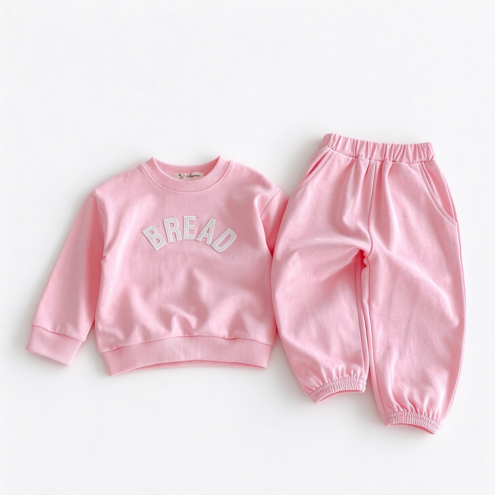Girls "BREAD" Embroidered Patch Sweatshirt and Sweatpants 2-Piece Set