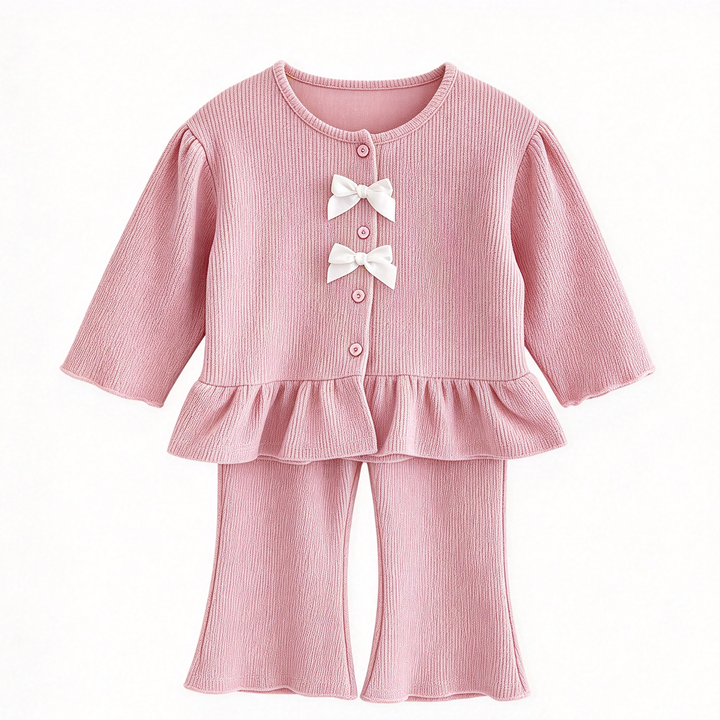 Girls Ribbed Knit Bow Long Sleeve Top &amp; Flared Pants Set