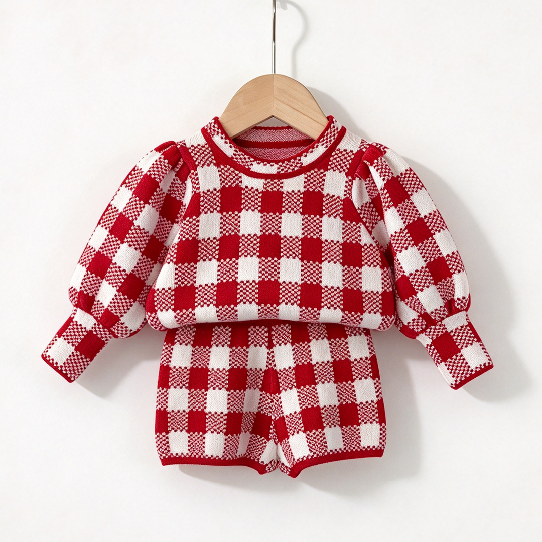 Baby Girl Christmas Gingham Plaid Knitted Pullover Sweater and Shorts 2PCS Set
