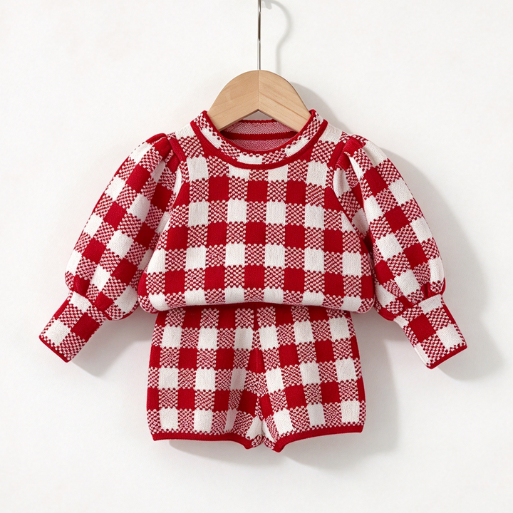 Baby Girl Christmas Gingham Plaid Knitted Pullover Sweater and Shorts 2PCS Set