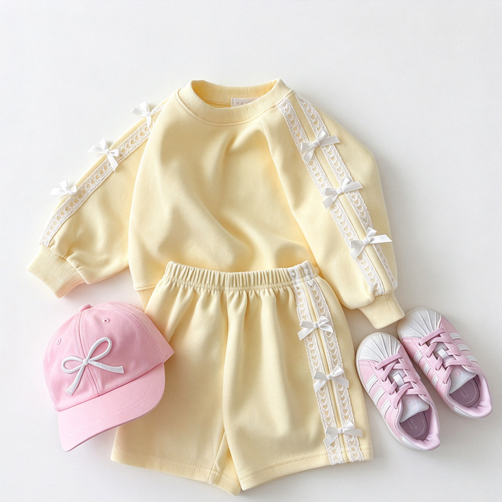 Girls Lace Bow Cotton Sweatshirt and Short Set