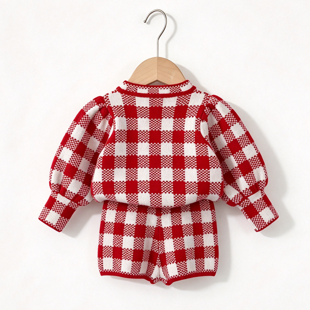 Baby Girl Christmas Gingham Plaid Knitted Pullover Sweater and Shorts 2PCS Set