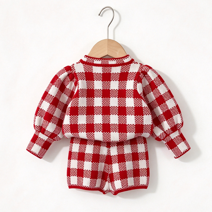 Baby Girl Christmas Gingham Plaid Knitted Pullover Sweater and Shorts 2PCS Set