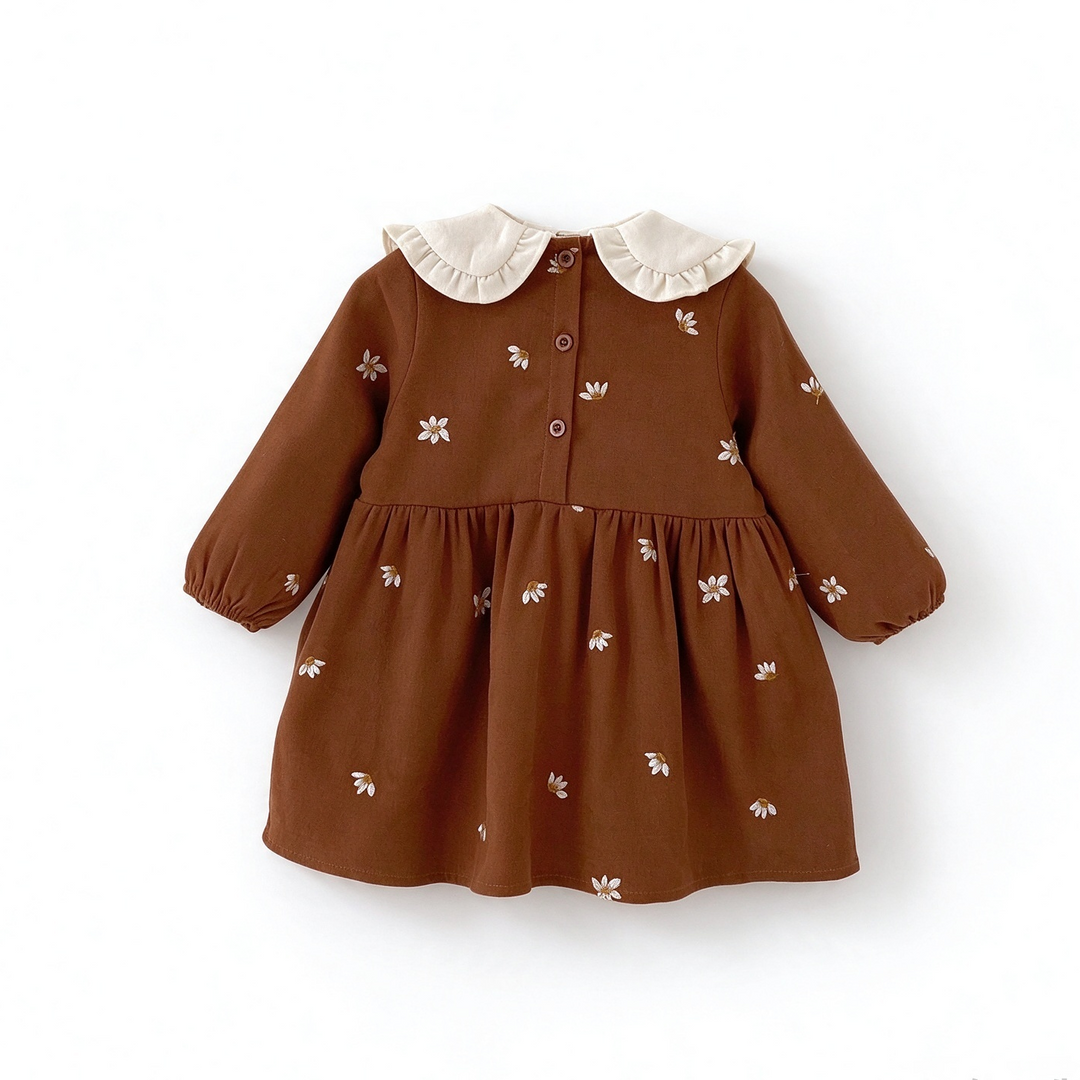 Girls Sweet Flower Embroidered Cotton Peter Pan Collar Princess Dress