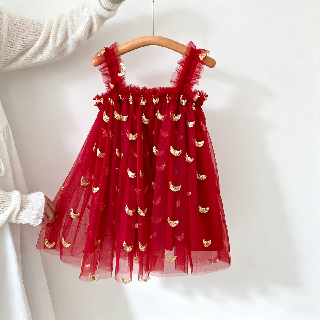 Girls Sequin star&moon embroidery mesh tutu dress