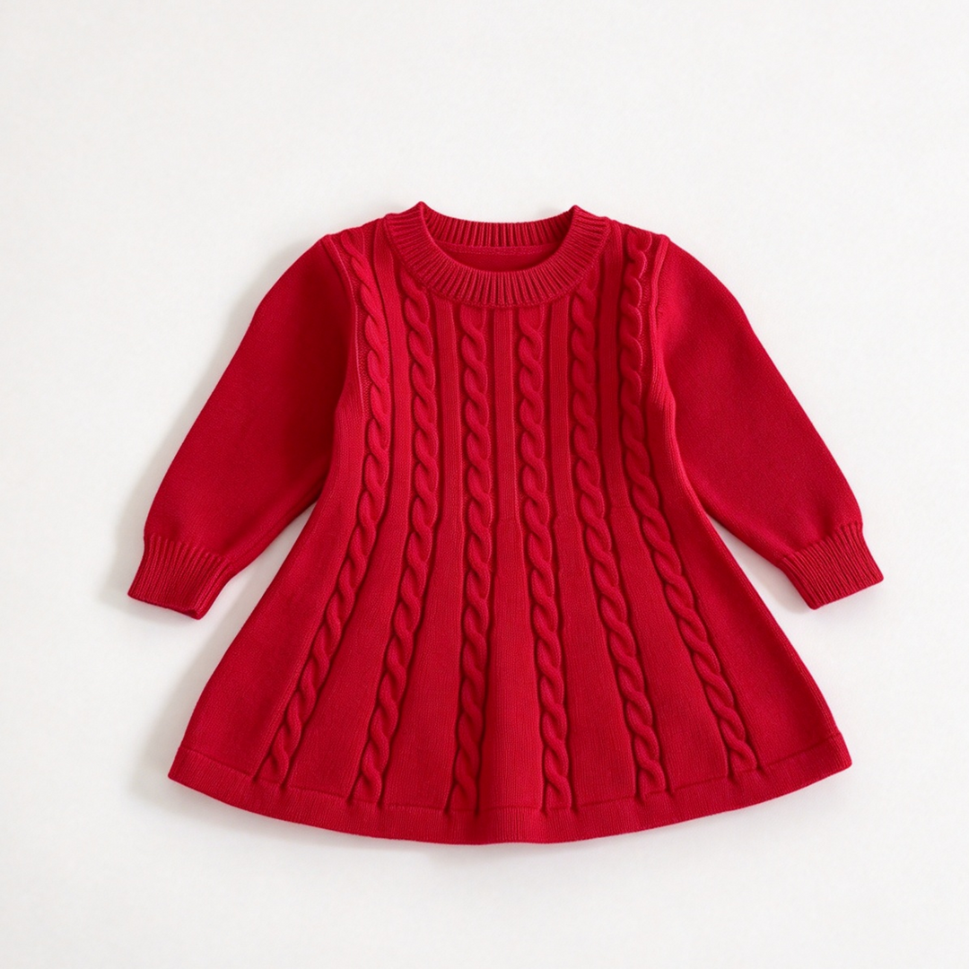 Girls' Cable-Knit Long-Sleeve Sweater Dress Christmas Knit Dress