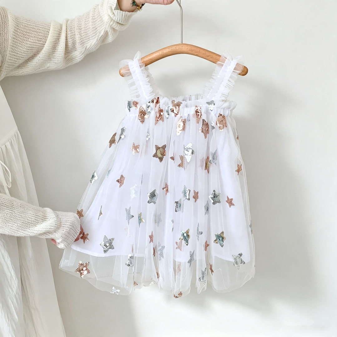 Girls Sequin star&moon embroidery mesh tutu dress