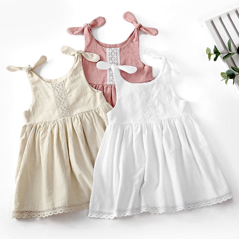 Girls cotton and linen lace bowknot princess dress