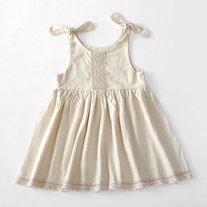 Girls cotton and linen lace bowknot princess dress