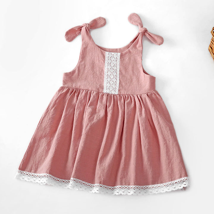 Girls cotton and linen lace bowknot princess dress