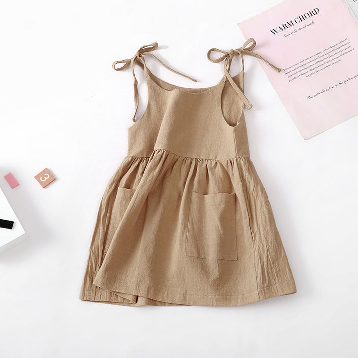 Summer solid color cotton linen pocket suspender dress