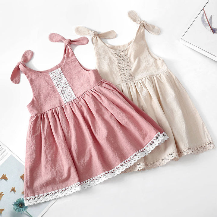 Girls cotton and linen lace bowknot princess dress
