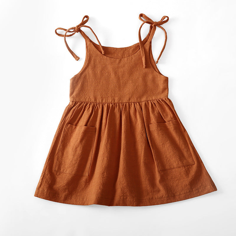 Summer solid color cotton linen pocket suspender dress