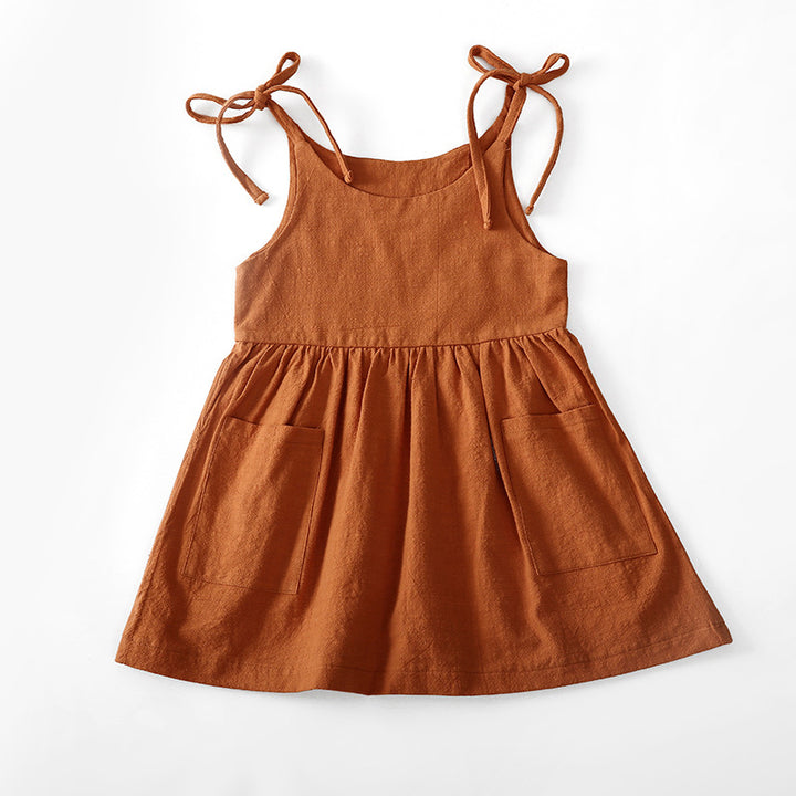 Summer solid color cotton linen pocket suspender dress