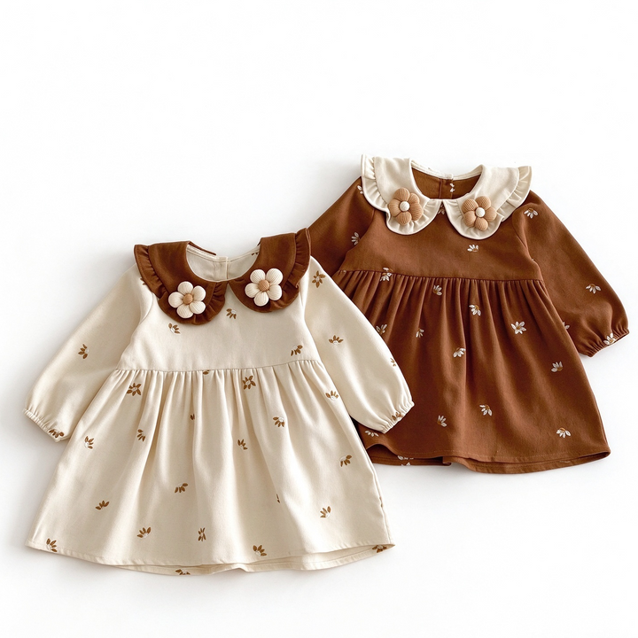 Girls Sweet Flower Embroidered Cotton Peter Pan Collar Princess Dress