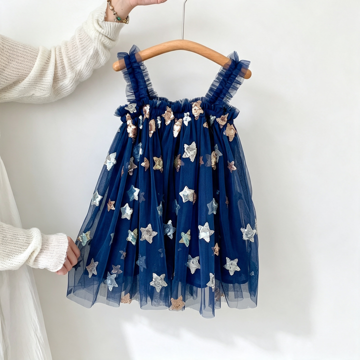 Girls Sequin star&moon embroidery mesh tutu dress