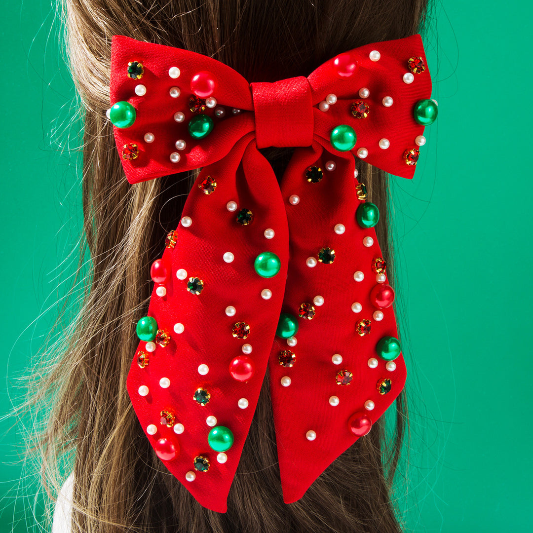Christmas Red & Green Pearls Beads Rhinestones Hair Bow Barrette Clip
