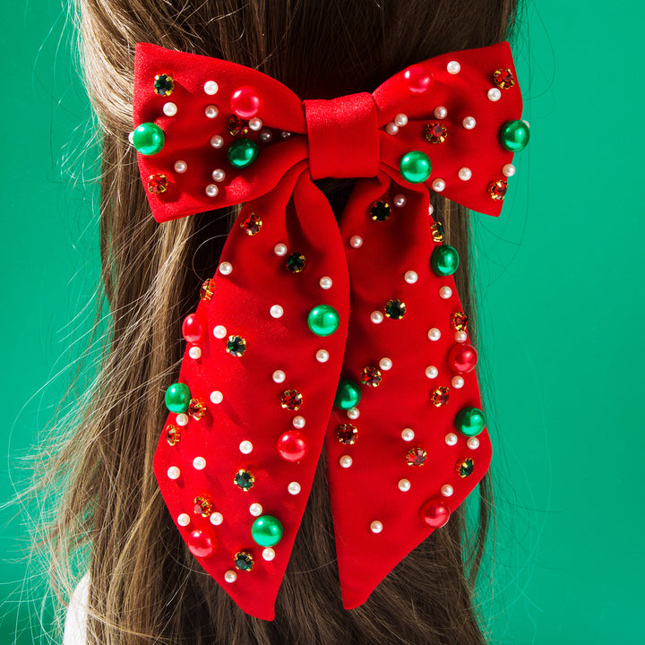 Christmas Red & Green Pearls Beads Rhinestones Hair Bow Barrette Clip