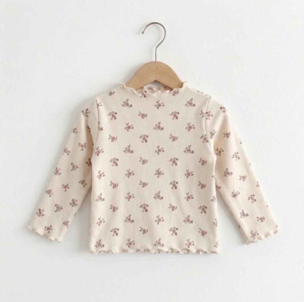 Girls Floral Mock Neck Lettuce Trim Top