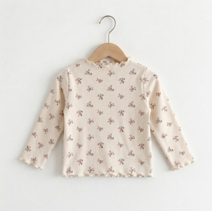 Girls Floral Mock Neck Lettuce Trim Top